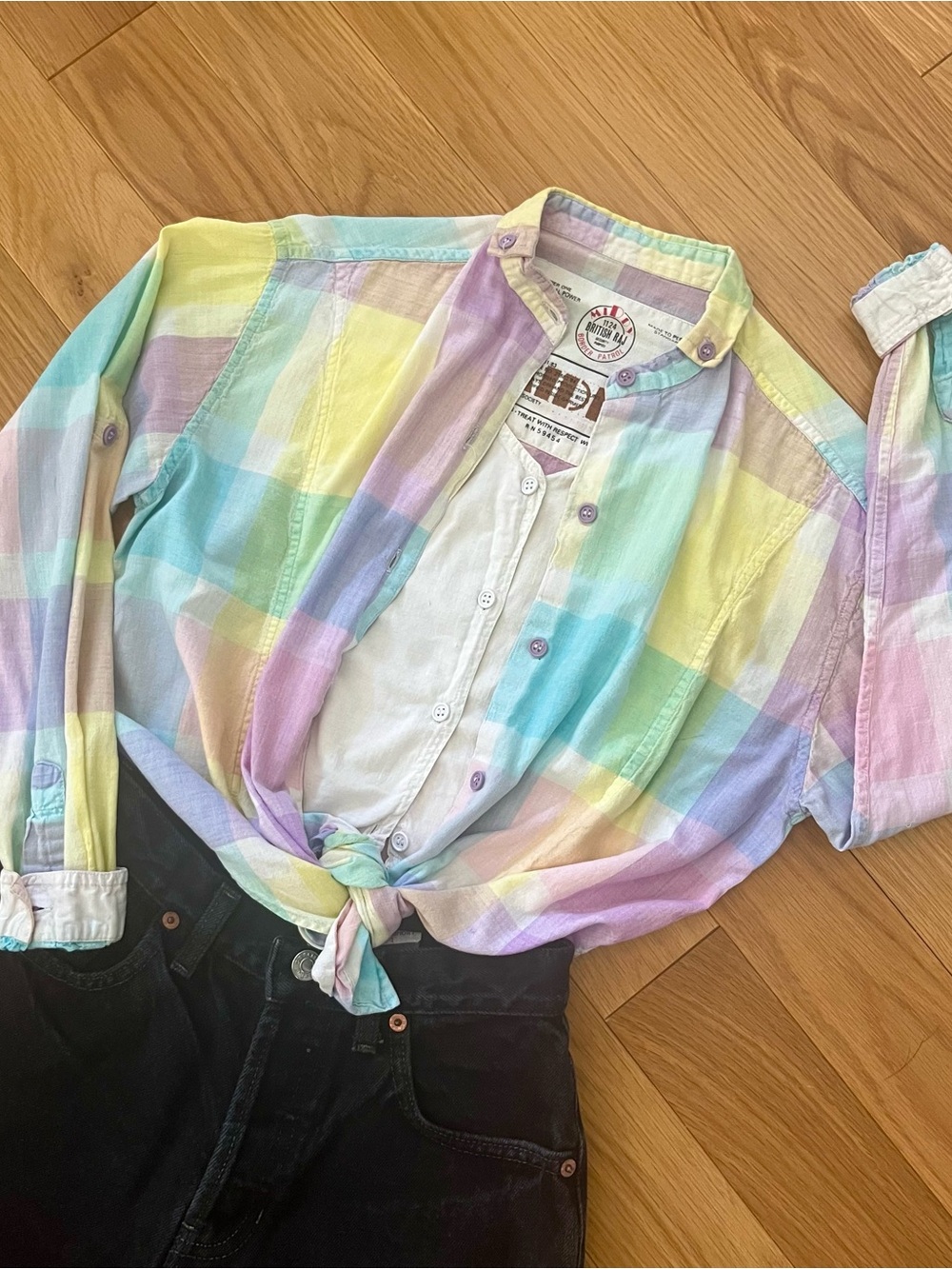 Vintage Y2K Pastel Plaid Shirt with Built-In Bib Panel